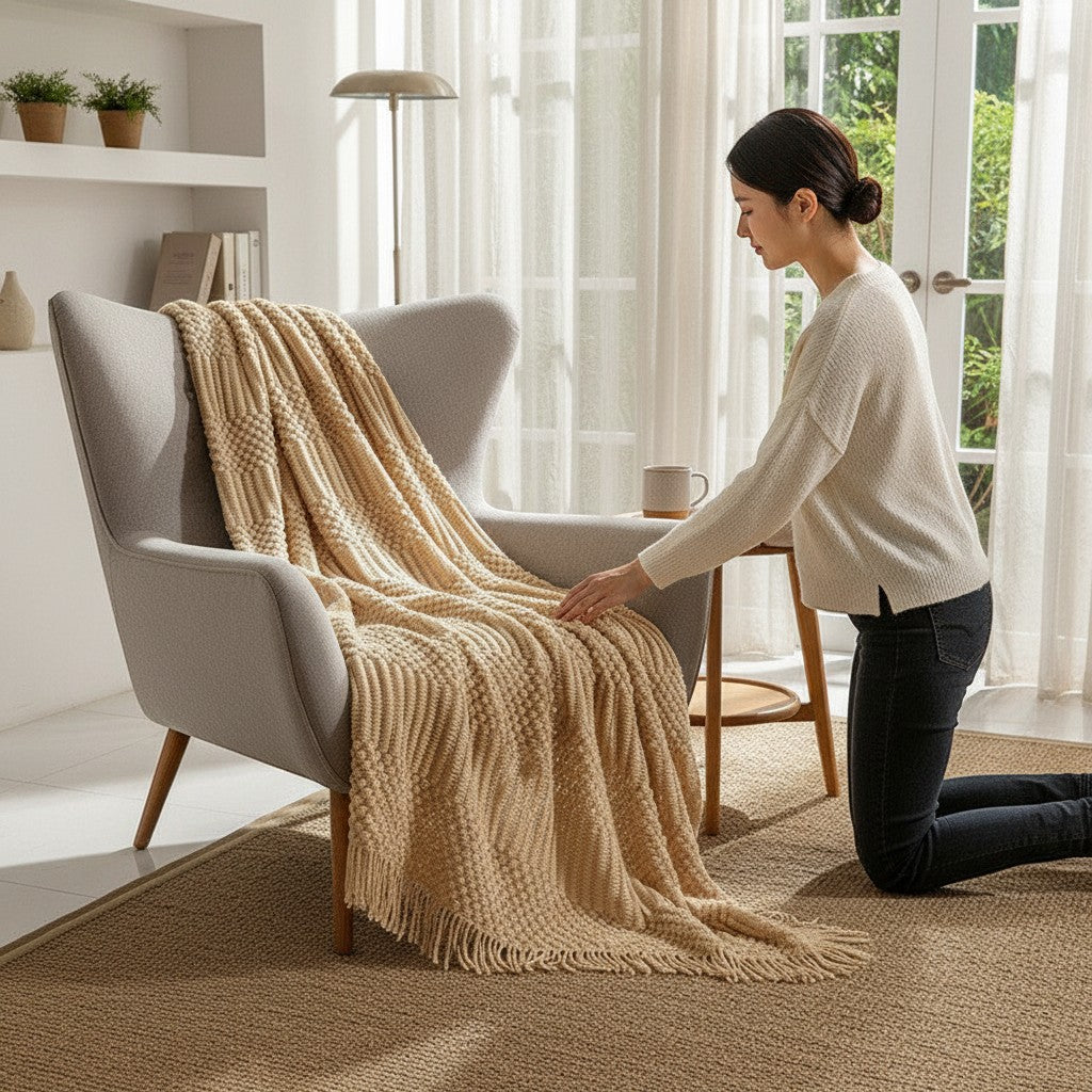 Hearthly beige knit throw blanket with geometric pattern and fringe, draped over a grey armchair.