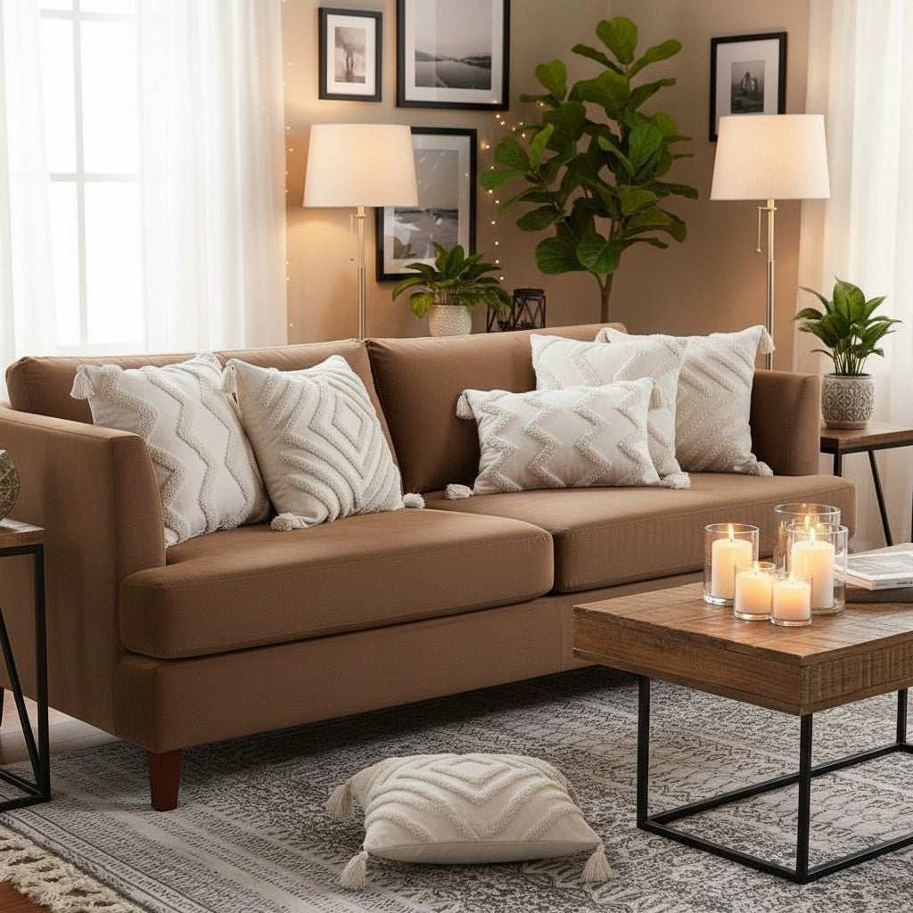 Hearthly tufted kussenhoes van katoen en linnen met geometrische patronen en kwastjes, crème