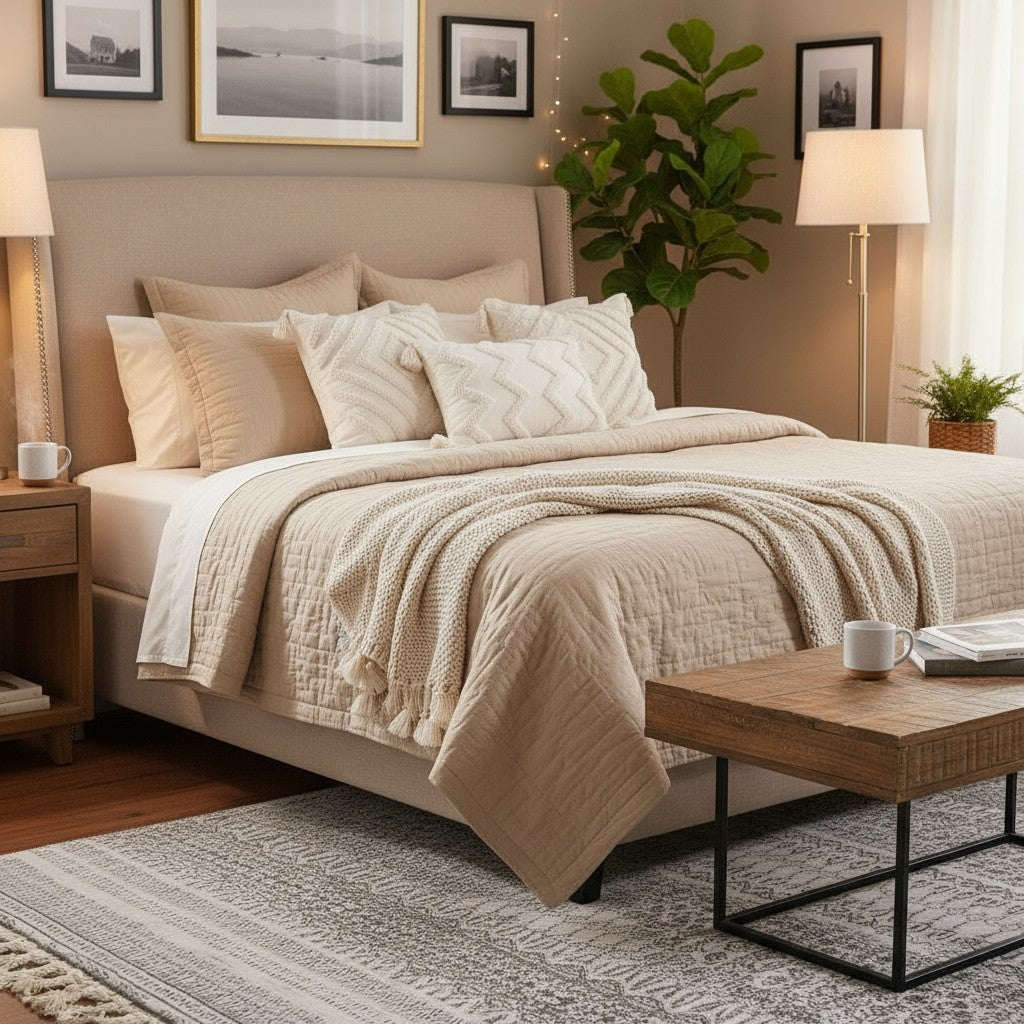 Hearthly tufted kussenhoes van katoen en linnen met geometrische patronen en kwastjes, crème