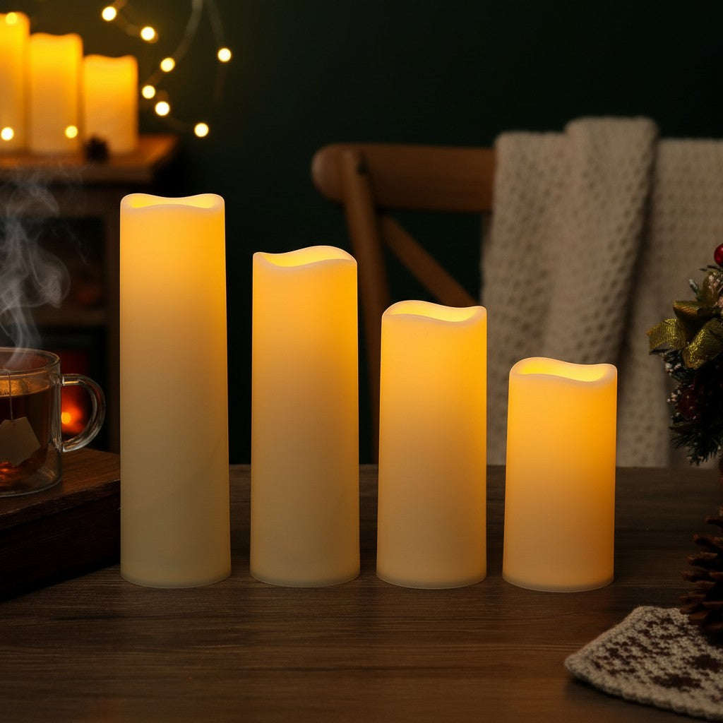 Hearthly set van vier crèmekleurige LED-kaarsen met realistische vlamloze vlammen, verschillende hoogtes, voor sfeerverlichting.