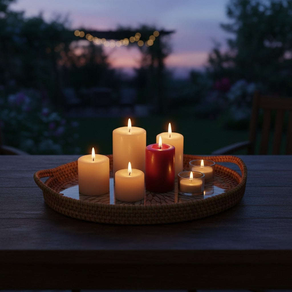 Hearthly set van 6 kaarsen in verschillende maten en kleuren, waaronder rood en crème, op een rotan dienblad.