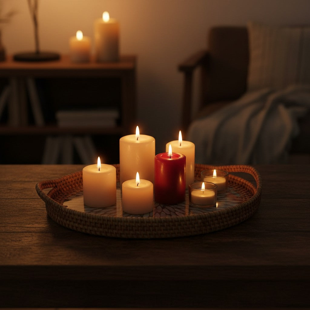 Ovale rotan dienblad met dubbele handvatten en een ingelegd schelpdecor, ideaal voor woonkamer of als fruitplateau.