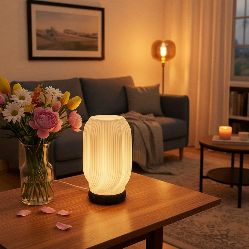 Hearthly moderne Scandinavische spiraallamp met geribbelde witte kap en zwarte basis, ideaal voor nachtkastje.