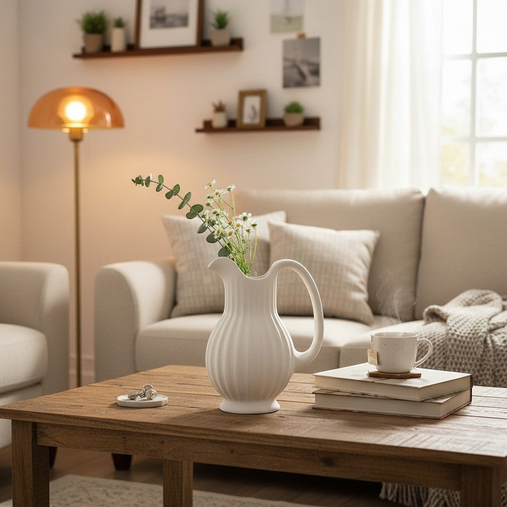 Hearthly white ceramic fluted pitcher with handle, holding wildflowers on a wooden coffee table.
