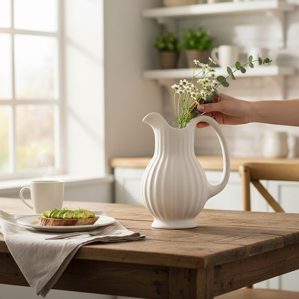 Hearthly white fluted ceramic pitcher with a subtle ribbed texture, holding wildflowers on a rustic wooden table.