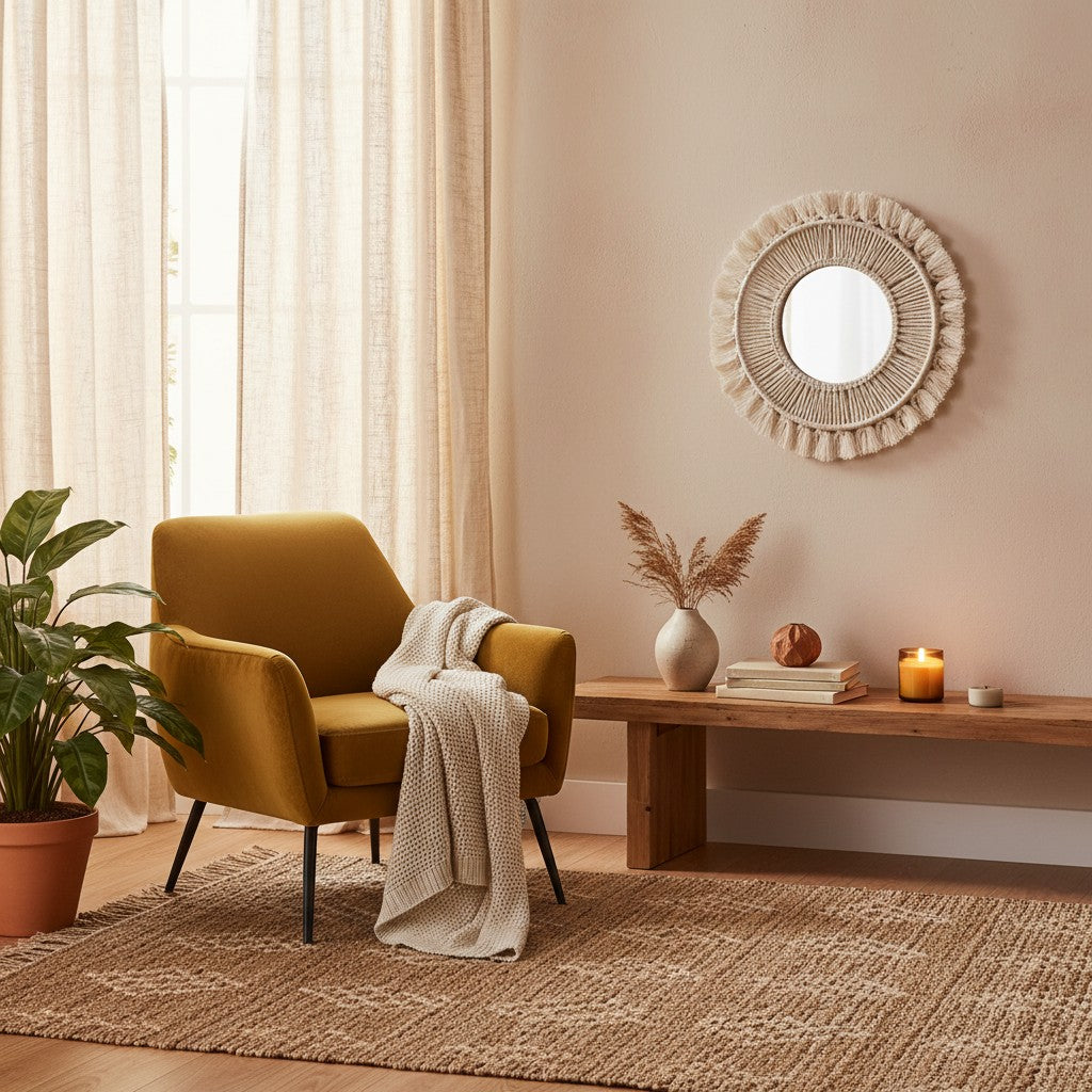 Hearthly natural woven round mirror with fringe detail, boho wall decor